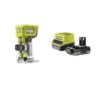 Ryobi - Affleureuse à bois 18V - 30 000 tr/min - Livrée avec 1 pince de 6 mm, 1 mèche de coupe uide - 1 batterie 2Ah, 1 chargeur rapide et 1 coffret de 5 fraises panachées (6mm)