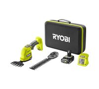 RYOBI - -Cisaille à Gazon (Lame 120 mm) / sculpteur de végétaux (Lame 200 mm) 18V - livrée avec Mallette de Rangement - 1 Batterie 2Ah et 1 Chargeur - RY18GSA-120T, Vert