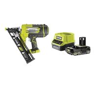Ryobi - Cloueur de finition incliné 15G à air comprimé 18V - pointe de 25 à 64 mm - tête 1,8 mm - inclinaison 34° - chargeur 110 pointes - Livré avec 100 pointes - 1 batterie 2Ah et 1 chargeur rapide