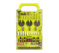 RYOBI - Coffret 155 Accessoires RYOBI - pour Mini-Outil Rotatif - Découpe, Ponçage, Polissage, Gravure - Tige 3,2mm Universelle - Rangement Inclus - RAKRT155