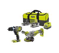 RYOBI - Combo 2 outils Brushless : perceuse-visseuse à percussion Brushless + meuleuse d'angle 125 mm Brushless + batterie 2,0 Ah + batterie 5,0 Ah + chargeur rapide 2,0 A Livré en sac de transport