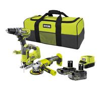 Ryobi - Kit 3 outils sans fil 18V : Perceuse-visseuse R18DD3, meuleuse d'angle 115 mm, scie sauteuse avec 2 batteries Li-ion 4.0 Ah et 2.0 Ah, chargeur et sac de transport