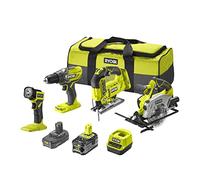 RYOBI - Combo 4 outils 18V ONE+ : perceuse-visseuse + scie sauteuse + scie circulaire + lampe LED - Sac de transport avec 2 batteries 5 et 2 Ah et 1 chargeur rapide - RCK184A-252S