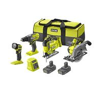 RYOBI - Combo 4 outils 18volts ONE+ : perceuse + scie sauteuse + scie circulaire + lampe LED + 2 batteries 2,0 Ah + chargeur - 1 grand sac de transport