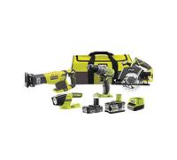 RYOBI - Combo 4 outils : Perceuse-visseuse + Scie circulaire + Scie sabre + 1 lampe torche LED + 1 batterie 5,0 Ah et 1 batterie 2,0 Ah + 1 chargeur rapide 2,0 A Livré en sac de transport