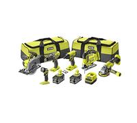 Ryobi - Combo 6 outils : perceuse à percussion + visseuse à chocs + meuleuse 115mm + scie sauteuse + scie circulaire + 1 lampe torche + 2 batteries 5Ah & chargeur 2,0 A et 2 sacs - RCK186A-250S
