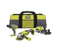 RYOBI - Duo 18V ONE+ : Perceuse percussion 50Nm Mandrin 13mm LED & Meuleuse 115mm 7 500 tr/min - livré avec 1 batterie 4Ah, 1 batterie 2Ah, un chargeur, et un grand sac de transport