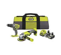 RYOBI - Duo 18V ONE+ : Perceuse percussion 50Nm Mandrin 13mm LED & Meuleuse 115mm 7 500 tr/min - livré avec 1 batterie 4Ah, 1 batterie 2Ah, un chargeur, et un grand sac de transport