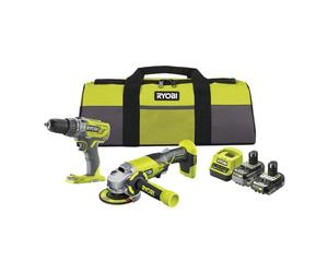 RYOBI - Duo 18V ONE+ : Perceuse percussion 50Nm Mandrin 13mm LED & Meuleuse 115mm 7 500 tr/min - livré avec 1 batterie 4Ah, 1 batterie 2Ah, un chargeur, et un grand sac de transport