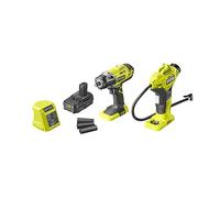 RYOBI - Duo ONE+ 18V : Boulonneuse à chocs 400 Nm - carré 1/2" - Livrée avec 1 adaptateur 1/4'' & 3 douilles + Compresseur 10,3 bars - Livré avec 3 embouts de gonflage + Chargeur & batterie 1,5Ah
