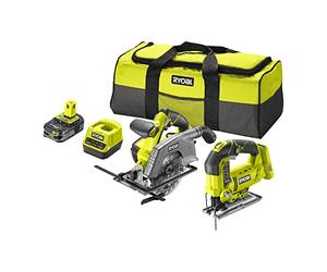 RYOBI - Duo ONE+ 18V : Scie sauteuse pendulaire avec 1 lame + Scie circulaire - diam. 165 mm avec 1 lame 24 dents + 1 batterie 18V 2,5 Ah et chargeur rapide, (5133004770)