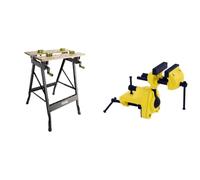 RYOBI - Etabli Pliable Orientable à 90° - Table Bambou 605 x 625 x 790 mm, 6,5 kg & Stanley 1-83-069 etau d'Établi sur Rotule - Ecartement 75 mm - Puissance de Serrage 25 kg - Corps en Fonte