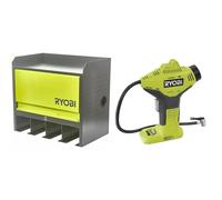 RYOBI - Etagère Murale 430 x 483 x 282 mm - Charge Max. : 150 kg - 1 Porte et 4 emplacements de Rang & Compresseur 18V - jusqu'à 10,3 Bars - Livré avec 3 Embouts de gonflage - R18PI-0