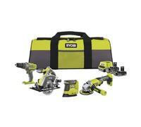 RYOBI - Kit 4 outils 18V ONE+ : Perceuse percussion, Meuleuse, Ponceuse triangulaire, Scie circulaire - livré avec 1 batterie 4Ah, 1 batterie 2Ah, un chargeur, et 1 grand sac - RCK184O-242SZL