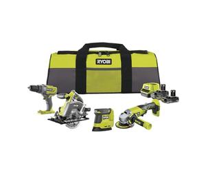 RYOBI Kit 4 Outils 18V ONE+ sans fil RCK184O-242SZL - 2 Batteries fournies | Perceuse, Meuleuse 115 mm, ponceuse triangulaire, scie circulaire 150 mm, accus de 4,0 et 2,0 Ah, chargeur et sac fournis
