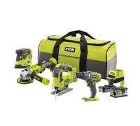 RYOBI - Combo 4 outils : Perceuse + scie sauteuse pendulaire + meuleuse d'angle 115 mm + ponceuse + 1 batterie 2,0 Ah + 1 batterie 5,0 Ah + 1 chargeur rapide - Livré en sac de transport - R18CK4B-252S
