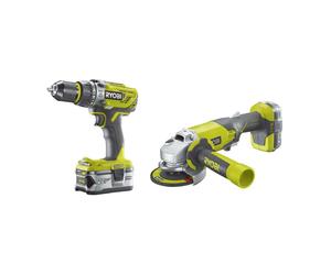 RYOBI Kit perceuse à percussion / pilote 18V - Meuleuse d'angle 18V OnePlus - 1 batterie 18V 2.0 Ah - 1 batterie 18V 4.0 Ah - 1 R