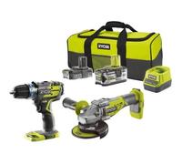 RYOBI One+ Duo Brushless perceuse a percussion + meuleuse 125mm sans fil 18V - R18CK2BL-252S - batteries 2 et 5 Ah -sac de
