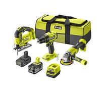 RYOBI - Pack 3 outils sans fil One+ : perceuse R18DD7 - meuleuse R18AG - scie sauteuse R18JS - 2 batteries 2Ah et 4Ah - 1 chargeur - 1 sac de transport