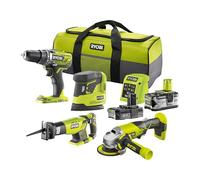 RYOBI Pack 4 Outils 18V ONE+ R18CK4E-242S Sac et 2 batteries fournies | Perceuse-visseuse 50 Nm, scie sabre, meuleuse 115 mm, ponceuse, batteries 2,0 et 4,0 Ah, chargeur rapide et sac fournis