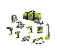 RYOBI - Pack 9 Outils 18V ONE+ : Perceuse, Visseuse à chocs, Meuleuse, Multi-Tools, Pistolet à Colle, Scie Circulaire, Scie Sauteuse, Lampe, Ponceuse + 2 Batteries et Chargeur - R18CK9B-252SLZ