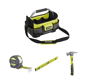 RYOBI - Panier porte-outils avec rubam 5 mètres + Niveau à bulle 60 cm + Marteau de charpentier 453 g