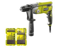 RYOBI - Perceuse Filaire à Percussion 220V, 1200W - 2 Vitesses, Mandrin 13mm Autoserrant - Butée Profondeur - LED - Poignée Auxiliaire avec Rangement Forets + Coffret 32 Accessoires