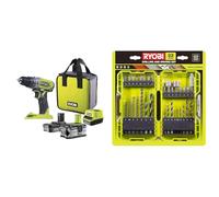Ryobi - Perceuse-visseuse à percussion 18V ONE+ avec 1 batterie Lithium+ 2,0 Ah & 1 batterie & Coffret Empilable 32 Accessoires Mixtes Perçage - Vissage - Boulonnage + 1 Porte-embout PH