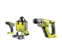 RYOBI - Perceuse-Visseuse Sans Fil 18V ONE+ - 2 Vitesses - Livrée avec 1 Batterie Lithium+ 2,0Ah & Marteau perforateur à batterie SDS-PLUS 18V 15Nm (sans batterie) - R18SDS-0