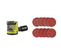 RYOBI - Ponceuse excentrique 18 Volts ONE - 125 mm - 3 abrasifs - RROS18-0 & Disque de Ponçage 100pcs SPTA Disques Abrasifs 40/80/120/180/320/600/800/1000/1500/2000 Grain