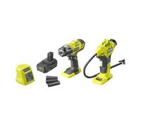 RYOBI - Duo ONE+ 18V : Boulonneuse à chocs 400 Nm - carré 1/2" - Livrée avec 1 adaptateur 1/4'' & 3 douilles + Compresseur 10,3 bars - Livré avec 3 embouts de gonflage + Chargeur & batterie 1,5Ah