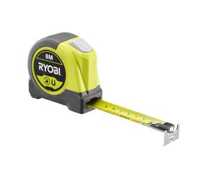 Ryobi RHMT8 - Mètre Ruban Magnétique 8 m - Verrouillage automatique, portée autoportante 2 m, crochet magnétique quadruple riveté, revêtement caoutchouc - Usage pro & bricolage