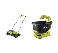 Ryobi RY18SFX35A-0 18V One+ Cordless 35cm Brushless Scarifier, 18 V, Vert & Épandeur à Main à Batterie 18V One+ - Débit et Largeur Épandage Réglables - Bac Capacité 4 L / 5 kg - Poignée