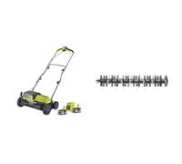 Ryobi Scarificateur 2 x 18V LithiumPlus Fusion Brushless - Diamètre 35 cm - 55L - 2 Batteries 4.0 Ah - 1 Chargeur Rapide RY18SFX35A-240 & Rouleau aérateur pour scarificateur AC/DC RAC821-35 cm