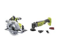 RYOBI - Scie circulaire 18 Volts Brushless ONE+, R18CS7-0, Ø 184 mm & Outil multifonctions 18 V One+ sans batterie ni chargeur 10000-20000 osc/min tête 5 positions - R18MT-0, Hyper Vert