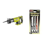 RYOBI - Scie Sabre 18V ONE+ - Course de Lame 22mm - Capacité Coupe 18cm - Patin Ajustable, Poignée Gripzone, Anti-Vibration - Changement de Lame sans Outil & Blister 3 lames spéciales scie sabre