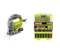 RYOBI - Scie Sauteuse Pendulaire 220V, 500W, 3000cps/min, Inclinaison 0 à 45 ° Droit et Gauche & Coffret 10 Lames de Coupe ONE+ pour Scie Sauteuse Sans Fil - Spécial Bois, Métal