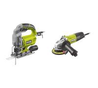 RYOBI - Scie Sauteuse Pendulaire 220V, 500W, 3000cps/min, Inclinaison 0 à 45 ° Droit et Gauche & Meuleuse d'angle 800 W diam. 125 mm - 12 000 tr/min - protection anti-redémarrage
