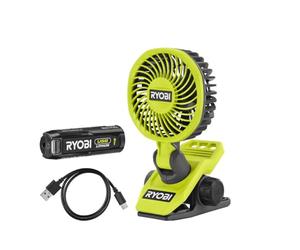 RYOBI - Ventilateur à Pince 4V USB Lithium RCF4-120G - Portable & Orientable - Idéal pour Se Rafraîchir en Bricolant, Camping ou Bureau - Inclus Batterie 2,0Ah & Câble