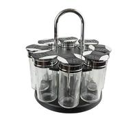 S&D Saveur et Dégustation KM4085 Carrousel à épices Distributeur rond rotatif 8 pots Noir gris et transparent Plastique et verre Couvercles double clapets D19 x H20,5 cm