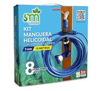 S&M 548635 - Kit Tuyau hélicoïdal Bleu 10 mètres (9 mm diamètre) + Pistolet Multifonction 8 Jets + Automatique Filetage Femelle avec Adaptateur ¾-½ + connecteur Rapide + Support Robinet