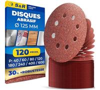 S&R 120 Disques de Ponçage 125mm Papier abrasif x Ponceuse Orbitale 125 mm Pour Peinture Bois Métal. Grain 40, 60, 80, 120, 180, 240, 400, 600