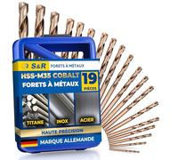 S&R 19 Forets à métaux HSS COBALT 1-10 mm, angle 135 °, DIN 338 et 1412, Professionnel. Coffret métal. Qualité Professionnelle.