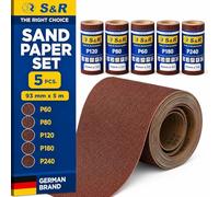 S&R 5 Rouleaux de Papier Abrasif Grain 60 80 120 180 240 Papier á poncer Ponceuse Vibrante Manuelle. Papier de Verre en Toile Emeri 5 MÈTRES - Poncage Bois Peinture Metal Acier.