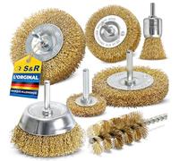S&R 7 Brosse Metallique pour perceuse. Brosse metallique Perceuse Visseuse à nettoyer Bois en Métal. Tige 6 mm lisse. Jeu brosses en acier et laiton