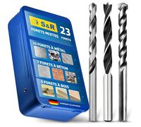 S&R Coffret de Forets Mixte Multifonction 23 pcs - Foret Métaux Fer/Foret Béton Brique Pierre/Foret Bois. Boite en Métal