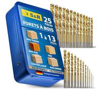 S&R Coffret Forets à Bois Professionnels 25 pcs 1-13mm en acier HSS 4241 revêtu en Titane. Forets pour perceuse à main et à colonne
