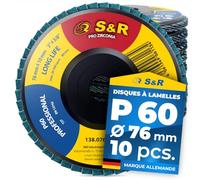 S&R Disque a Lamelles 76mm Grain 60 Lot de 10 Disque de ponçage metal bois. Disque Abrasif 76 pour Acier Inox Bois Métal Grain 60. Disque a meuler à compartiments pour Meuleuse.