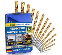 S&R Forets à métaux HSS Titane 1,5-6,5 mm, angle 135 °, Set de 13 pièces, DIN 338, coffret métal. Qualité Professionnelle