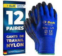 S&R Gants de Travail Homme Femme Taille 9 - Lot de 12 Paires - Gants de protection en Nylon Léger, Respirant, Résistant à l'Eau et à la Déchirure. Gants de Jardinage, Construction Bricolage